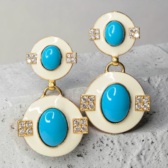 18k Gold Plated High-end Designer White Enamel Turquoise Cabochon Earrings - Picture 5 of 5